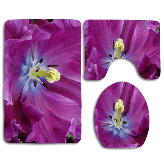 PUDMAD Close Up a Purple Tulip 3 Piece Bathroom Rugs Set Bath Rug Contour Mat and Toilet Lid Cover