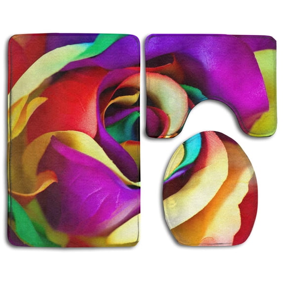 PUDMAD Closeup Roses 3 Piece Bathroom Rugs Set Bath Rug Contour Mat and Toilet Lid Cover