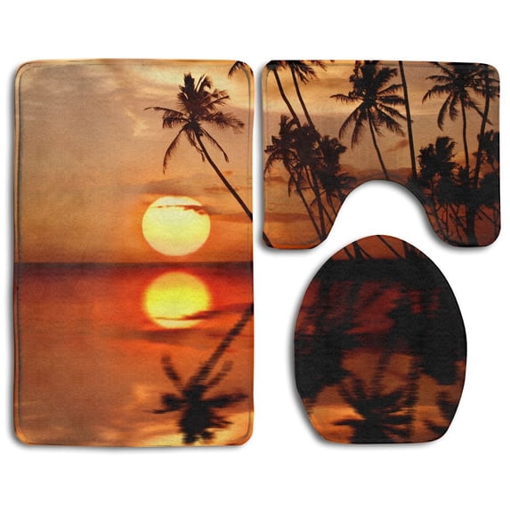 PUDMAD Coconut Palm Beach 3 Piece Bathroom Rugs Set Bath Rug Contour Mat and Toilet Lid Cover