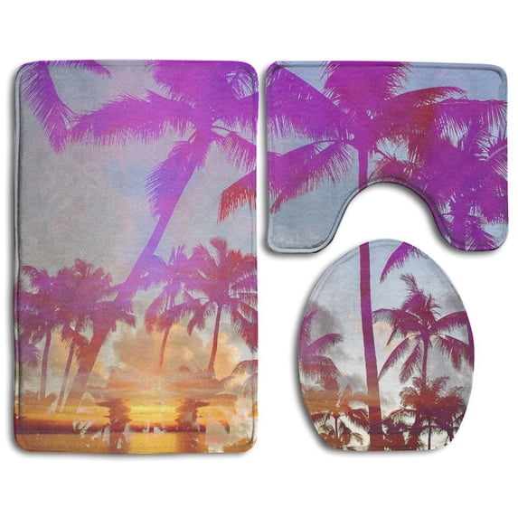 PUDMAD Coconut Palm Beach 3 Piece Bathroom Rugs Set Bath Rug Contour Mat and Toilet Lid Cover