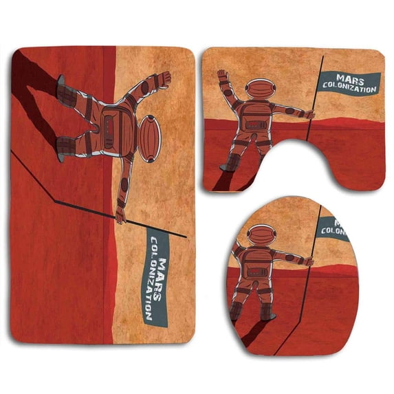 PUDMAD Colonization Mars Cosmonaut on Planet a Flag Discovery 3 Piece Bathroom Rugs Set Bath Rug Contour Mat and Toilet Lid Cover