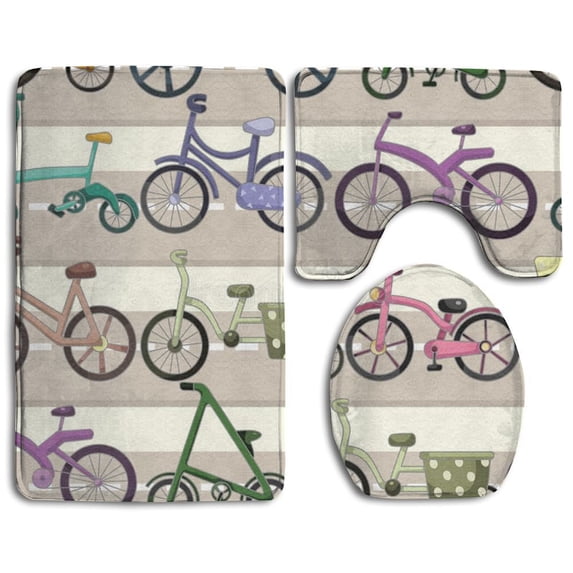 PUDMAD Color Bike 3 Piece Bathroom Rugs Set Bath Rug Contour Mat and Toilet Lid Cover