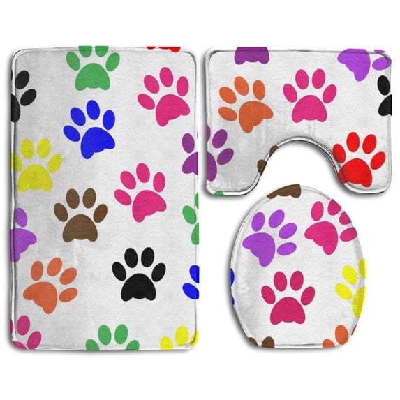 PUDMAD Color Footprints 3 Piece Bathroom Rugs Set Bath Rug Contour Mat and Toilet Lid Cover