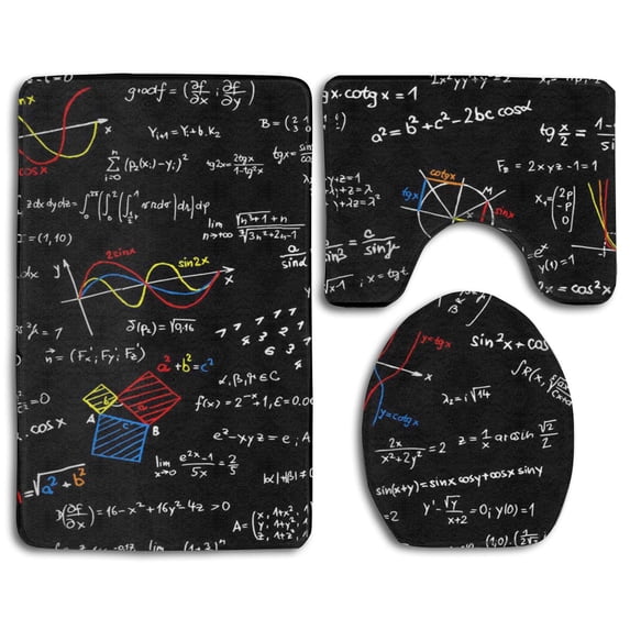 PUDMAD Color Mathematical Formula 3 Piece Bathroom Rugs Set Bath Rug Contour Mat and Toilet Lid Cover