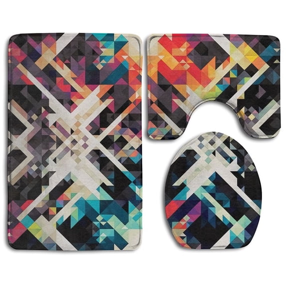 PUDMAD Color Pixel 3 Piece Bathroom Rugs Set Bath Rug Contour Mat and Toilet Lid Cover
