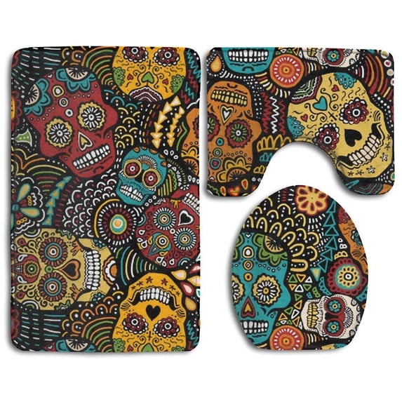 PUDMAD Color Skull 3 Piece Bathroom Rugs Set Bath Rug Contour Mat and Toilet Lid Cover