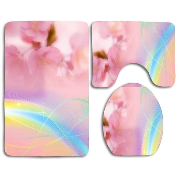 PUDMAD Color Streak Cherry Blossoms 3 Piece Bathroom Rugs Set Bath Rug Contour Mat and Toilet Lid Cover