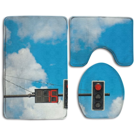 PUDMAD Color Traffic Light Beautiful Sky Color Traffic Light Count 3 Piece Bathroom Rugs Set Bath Rug Contour Mat and Toilet Lid Cover