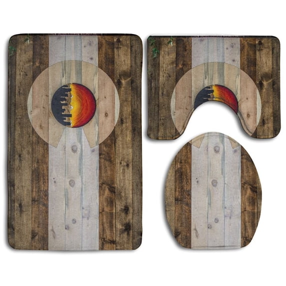 PUDMAD Colorado Flag Woodcraft 3 Piece Bathroom Rugs Set Bath Rug Contour Mat and Toilet Lid Cover