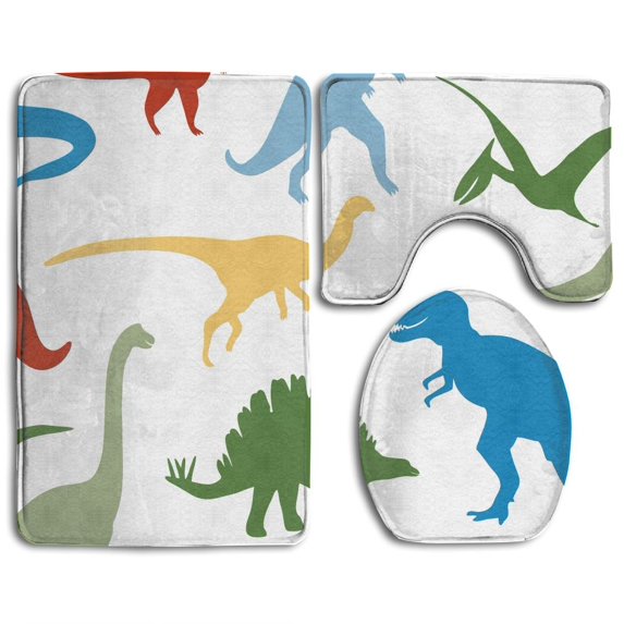 PUDMAD Colored Dinosaur 3 Piece Bathroom Rugs Set Bath Rug Contour Mat and Toilet Lid Cover