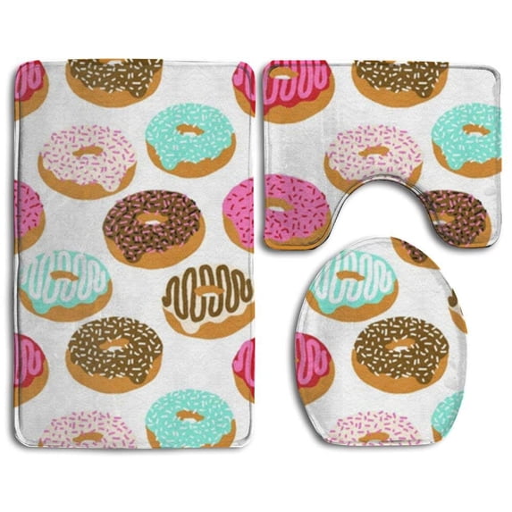 PUDMAD Colored Donuts 3 Piece Bathroom Rugs Set Bath Rug Contour Mat and Toilet Lid Cover