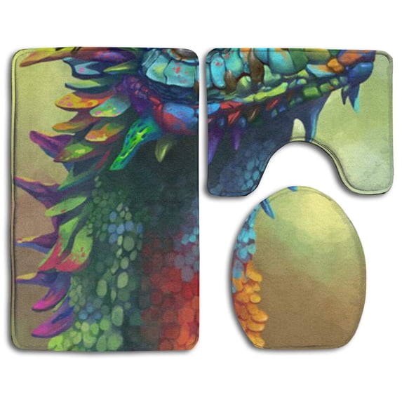 PUDMAD Colored Dragon 3 Piece Bathroom Rugs Set Bath Rug Contour Mat and Toilet Lid Cover