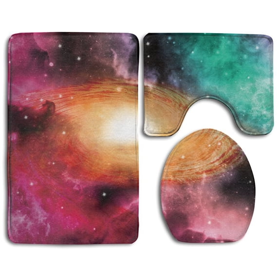 PUDMAD Colorful Astronomy s Spiral Galaxy Stars Stardust 3 Piece Bathroom Rugs Set Bath Rug Contour Mat and Toilet Lid Cover