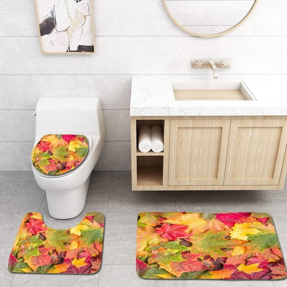 PUDMAD Colorful Autumn Leaves 3 Piece Bathroom Rugs Set Bath Rug Contour Mat and Toilet Lid Cover