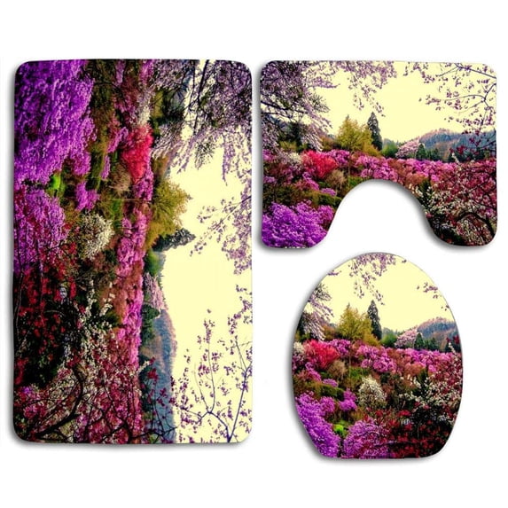 PUDMAD Colorful Blossoms 3 Piece Bathroom Rugs Set Bath Rug Contour Mat and Toilet Lid Cover