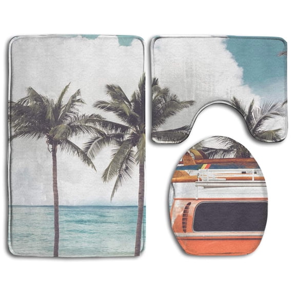 PUDMAD Colorful Bus Palm Tree 3 Piece Bathroom Rugs Set Bath Rug Contour Mat and Toilet Lid Cover