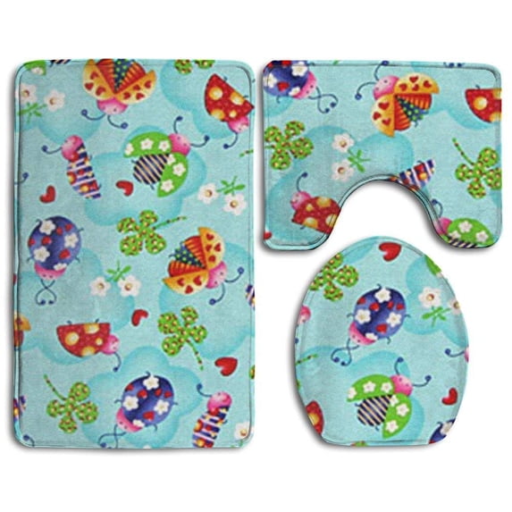 PUDMAD Colorful Butterfly 3 Piece Bathroom Rugs Set Bath Rug Contour Mat and Toilet Lid Cover
