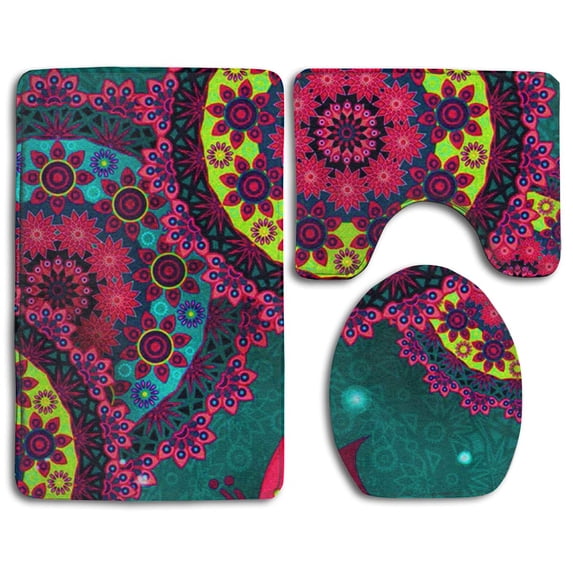 PUDMAD Colorful Butterfly Round 3 Piece Bathroom Rugs Set Bath Rug Contour Mat and Toilet Lid Cover