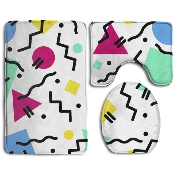 PUDMAD Colorful Cartoon Geometric 3 Piece Bathroom Rugs Set Bath Rug Contour Mat and Toilet Lid Cover