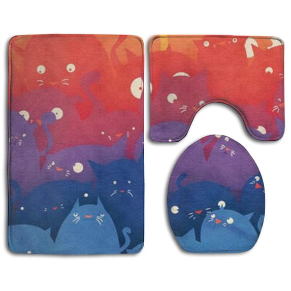 PUDMAD Colorful Cat 3 Piece Bathroom Rugs Set Bath Rug Contour Mat and Toilet Lid Cover