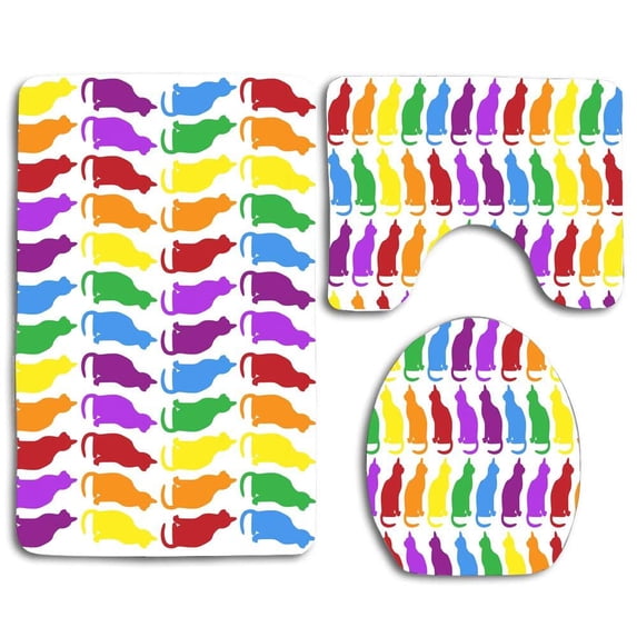 PUDMAD Colorful Cats 3 Piece Bathroom Rugs Set Bath Rug Contour Mat and Toilet Lid Cover