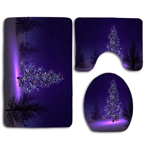 PUDMAD Colorful Christmas Tree 3 Piece Bathroom Rugs Set Bath Rug Contour Mat and Toilet Lid Cover