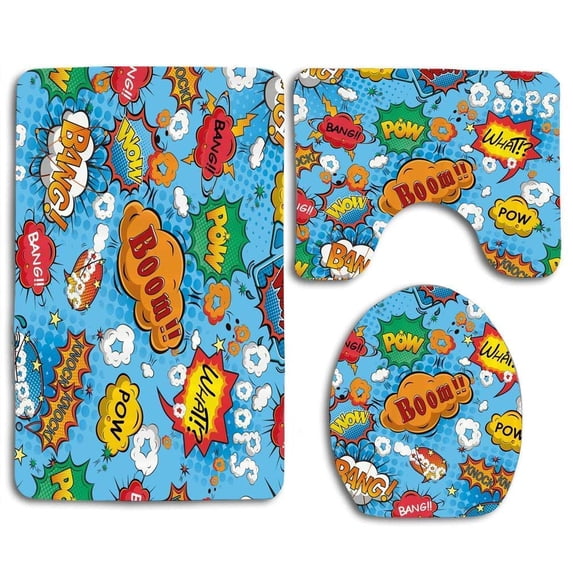 PUDMAD Colorful Comic Icons Effects Boom Scream Magazine Signs Pop Illustarion 3 Piece Bathroom Rugs Set Bath Rug Contour Mat and Toilet Lid Cover