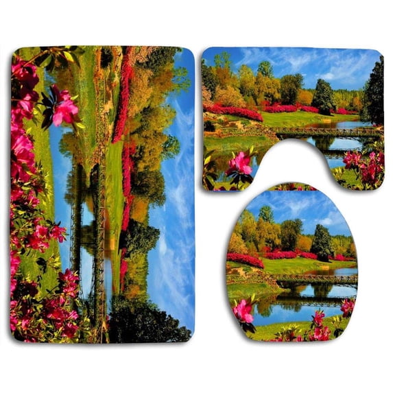 PUDMAD Colorful Day 3 Piece Bathroom Rugs Set Bath Rug Contour Mat and Toilet Lid Cover