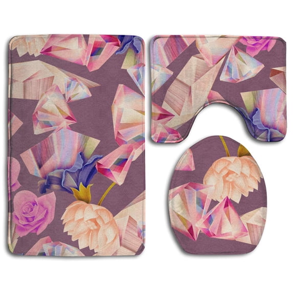 PUDMAD Colorful Diamond Rose Flower 3 Piece Bathroom Rugs Set Bath Rug Contour Mat and Toilet Lid Cover