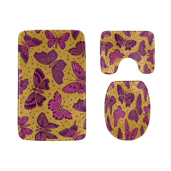 PUDMAD Colorful Different Summer Butterflies 3 Piece Bathroom Rugs Set Bath Rug Contour Mat and Toilet Lid Cover