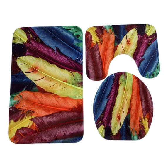 PUDMAD Colorful Feather Coral Velvet 3 Piece Bathroom Rugs Set Bath Rug Contour Mat and Toilet Lid Cover