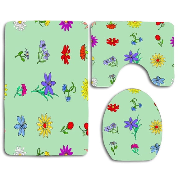 PUDMAD Colorful Flower on Green 3 Piece Bathroom Rugs Set Bath Rug Contour Mat and Toilet Lid Cover