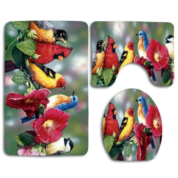 PUDMAD Colorful Flowers 3 Piece Bathroom Rugs Set Bath Rug Contour Mat and Toilet Lid Cover