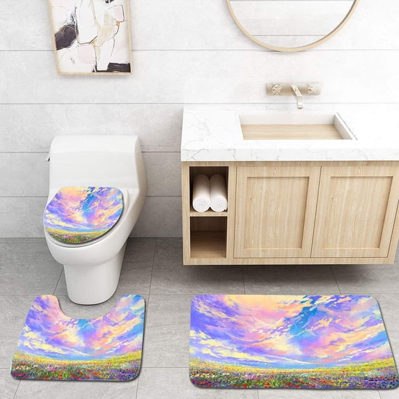 PUDMAD Colorful Flowers in Field Under Beautiful Clouds 3 Piece Bathroom Rugs Set Bath Rug Contour Mat and Toilet Lid Cover