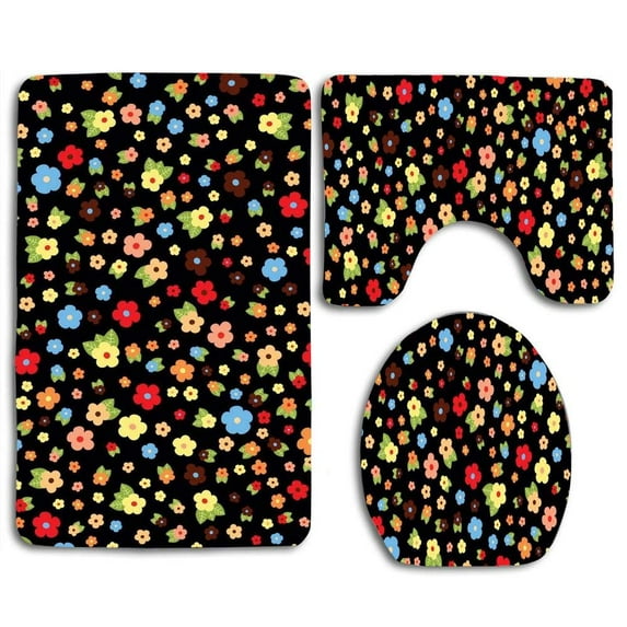 PUDMAD Colorful Flowers on Black 3 Piece Bathroom Rugs Set Bath Rug Contour Mat and Toilet Lid Cover