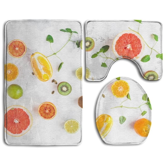 PUDMAD Colorful Fresh Fruit Table Orange Tangerine Lime Kiwi Grapefruit Fruit 3 Piece Bathroom Rugs Set Bath Rug Contour Mat and Toilet Lid Cover