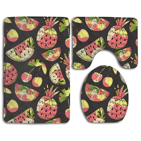 PUDMAD Colorful Fruit 3 Piece Bathroom Rugs Set Bath Rug Contour Mat and Toilet Lid Cover