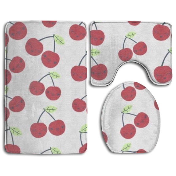 PUDMAD Colorful Fun Cherry 3 Piece Bathroom Rugs Set Bath Rug Contour Mat and Toilet Lid Cover