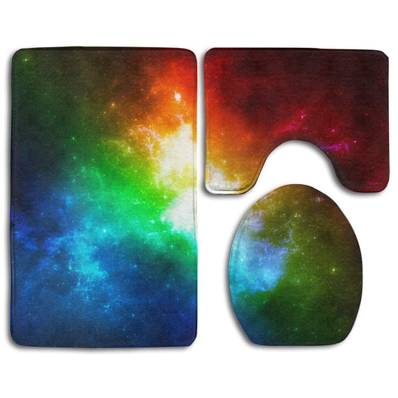 PUDMAD Colorful Galaxy 3 Piece Bathroom Rugs Set Bath Rug Contour Mat and Toilet Lid Cover