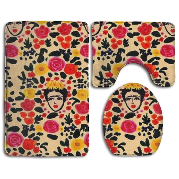 PUDMAD Colorful Girl Flower 3 Piece Bathroom Rugs Set Bath Rug Contour Mat and Toilet Lid Cover