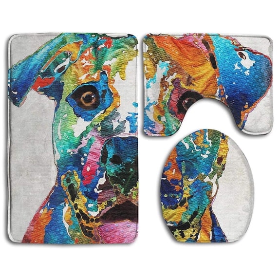 PUDMAD Colorful Happy Dog Pit Bull 3 Piece Bathroom Rugs Set Bath Rug Contour Mat and Toilet Lid Cover
