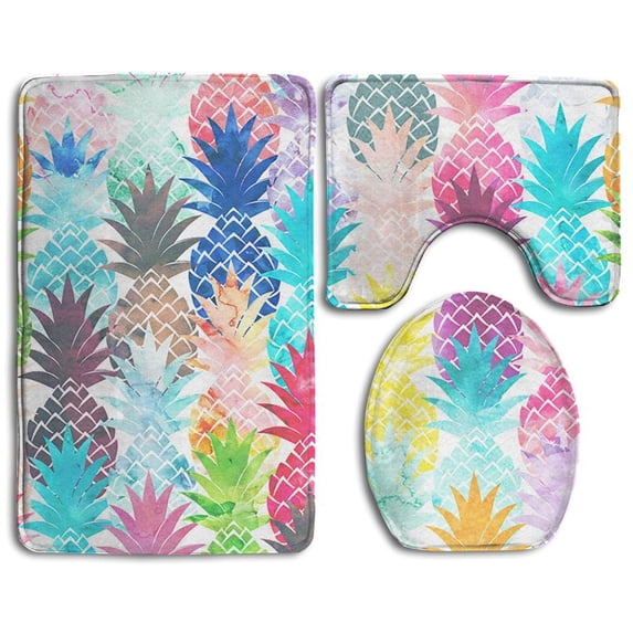 PUDMAD Colorful Hawaiian Tropical Pineapple 3 Piece Bathroom Rugs Set Bath Rug Contour Mat and Toilet Lid Cover