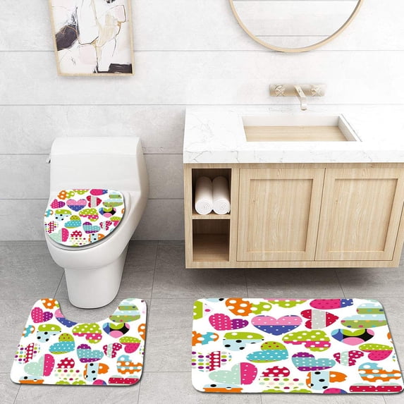 PUDMAD Colorful Heart Shapes Patches and Polka Dots Cute Cheerful 3 Piece Bathroom Rugs Set Bath Rug Contour Mat and Toilet Lid Cover
