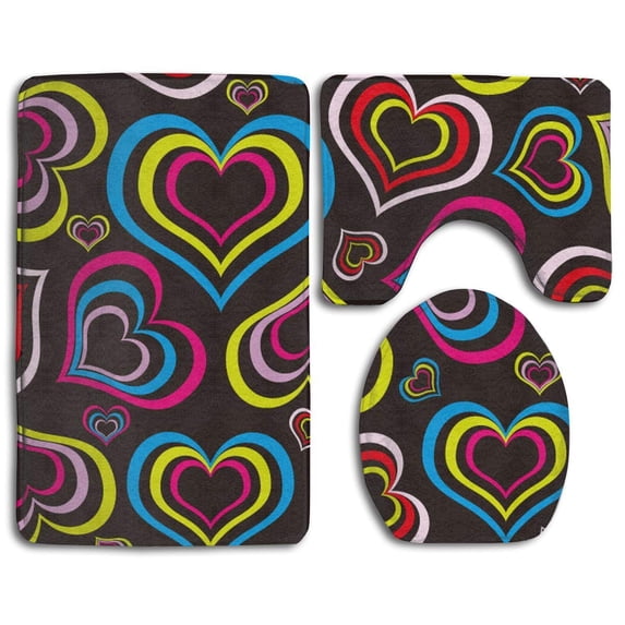 PUDMAD Colorful Hearts 3 Piece Bathroom Rugs Set Bath Rug Contour Mat and Toilet Lid Cover
