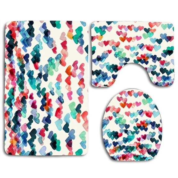 PUDMAD Colorful Hearts 3 Piece Bathroom Rugs Set Bath Rug Contour Mat and Toilet Lid Cover