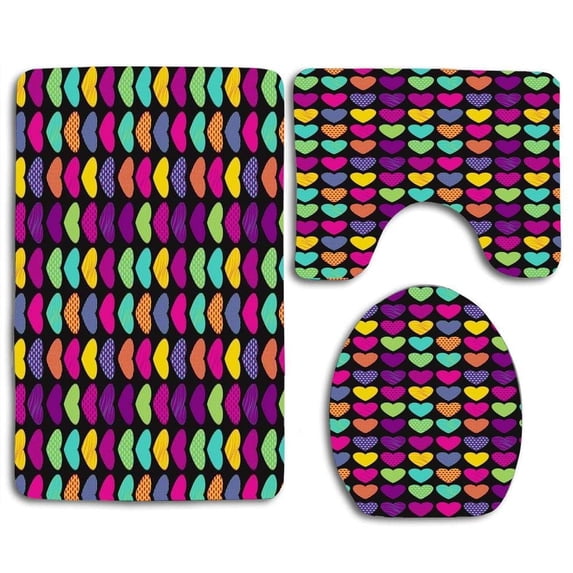 PUDMAD Colorful Hearts Love 3 Piece Bathroom Rugs Set Bath Rug Contour Mat and Toilet Lid Cover