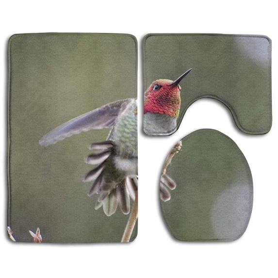 PUDMAD Colorful Hummingbird 3 Piece Bathroom Rugs Set Bath Rug Contour Mat and Toilet Lid Cover