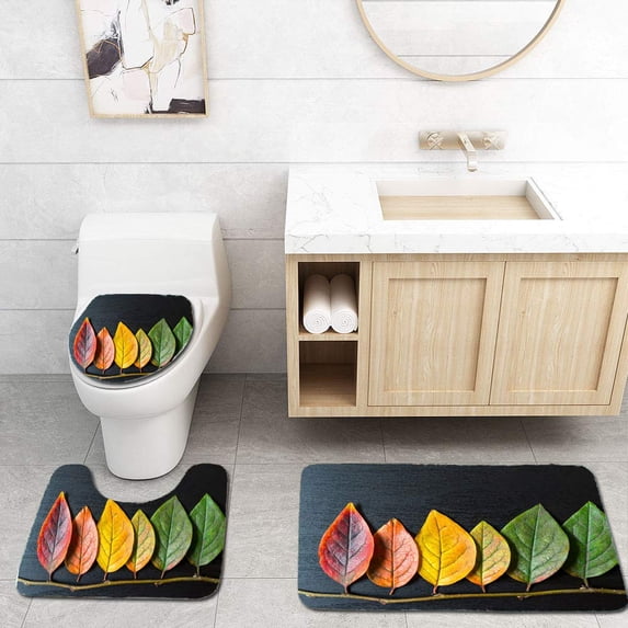 PUDMAD Colorful Leaves Close up on a Black Wooden 3 Piece Bathroom Rugs Set Bath Rug Contour Mat and Toilet Lid Cover