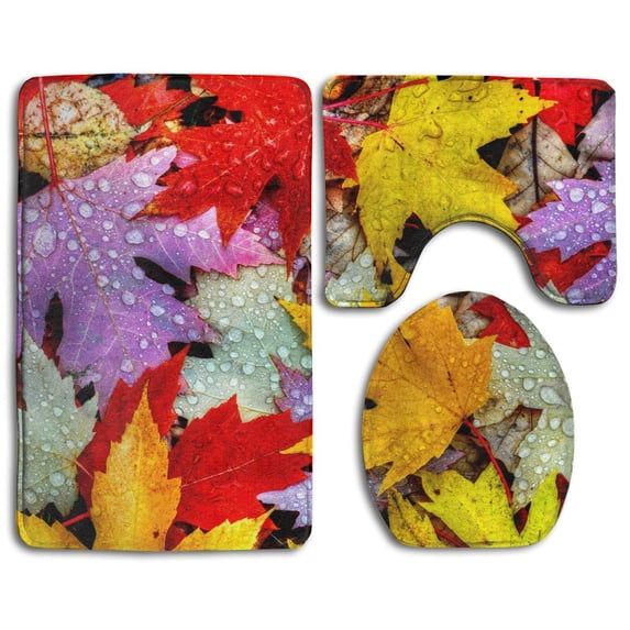 PUDMAD Colorful Maple Leaves 3 Piece Bathroom Rugs Set Bath Rug Contour Mat and Toilet Lid Cover