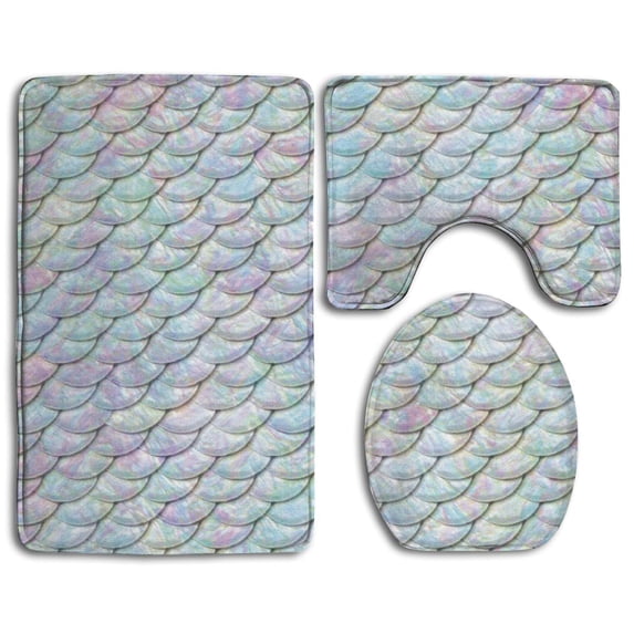 PUDMAD Colorful Mermaid Fish Scale 3 Piece Bathroom Rugs Set Bath Rug Contour Mat and Toilet Lid Cover